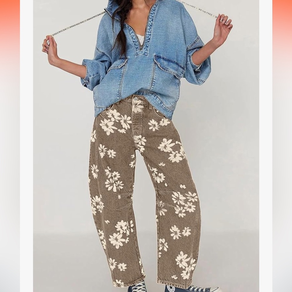 Loveimgs NWT XS (S) burn out brown barrel leg Floral Jeans